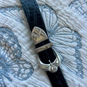 Maje Black Leather Belt with Silver Buckle